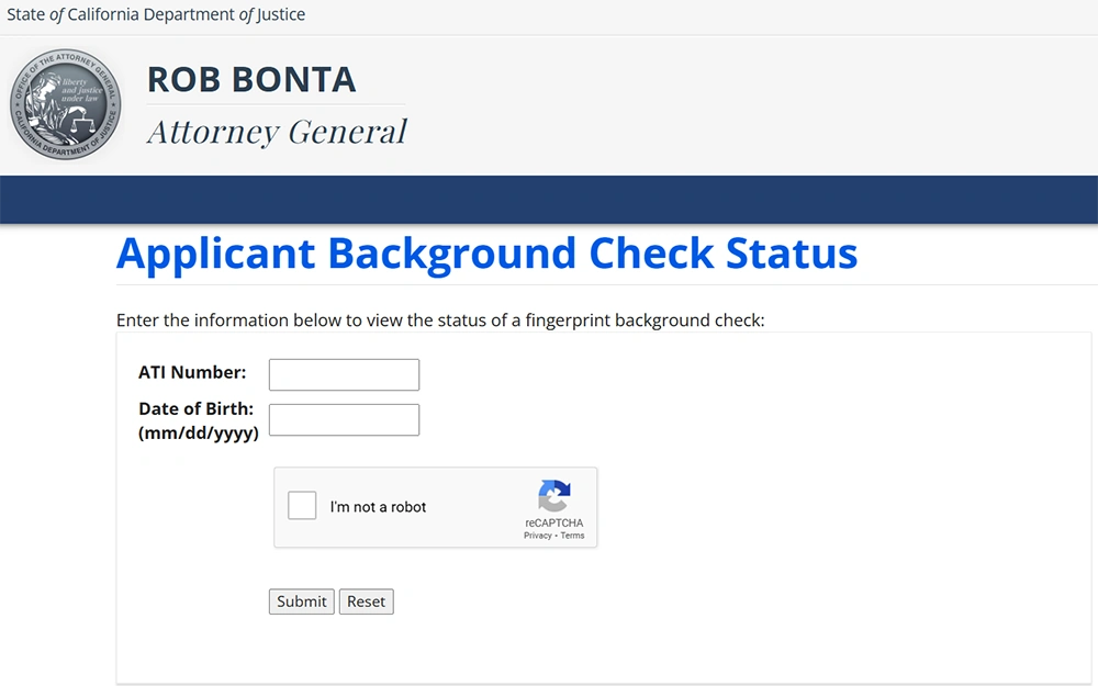 A screenshot from the California Department of Justice website showing the applicant background check status page with search fields for ATI number and date of birth.
