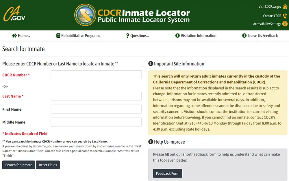 A screenshot from the California Department of Corrections and Rehabilitation website showing the search for inmate page with empty fields for CDCR number or by name, there is also a section for important site information and feedback form.