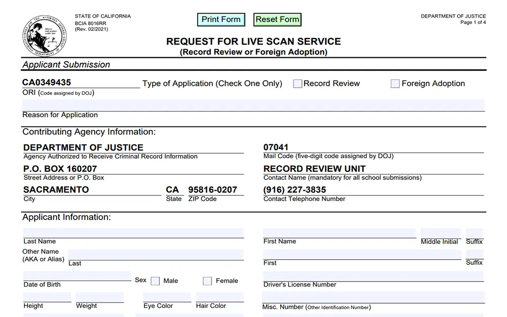 A screenshot from the California Department of Justice website showing a form of request for live scan service with empty fields for applicant submission information.
