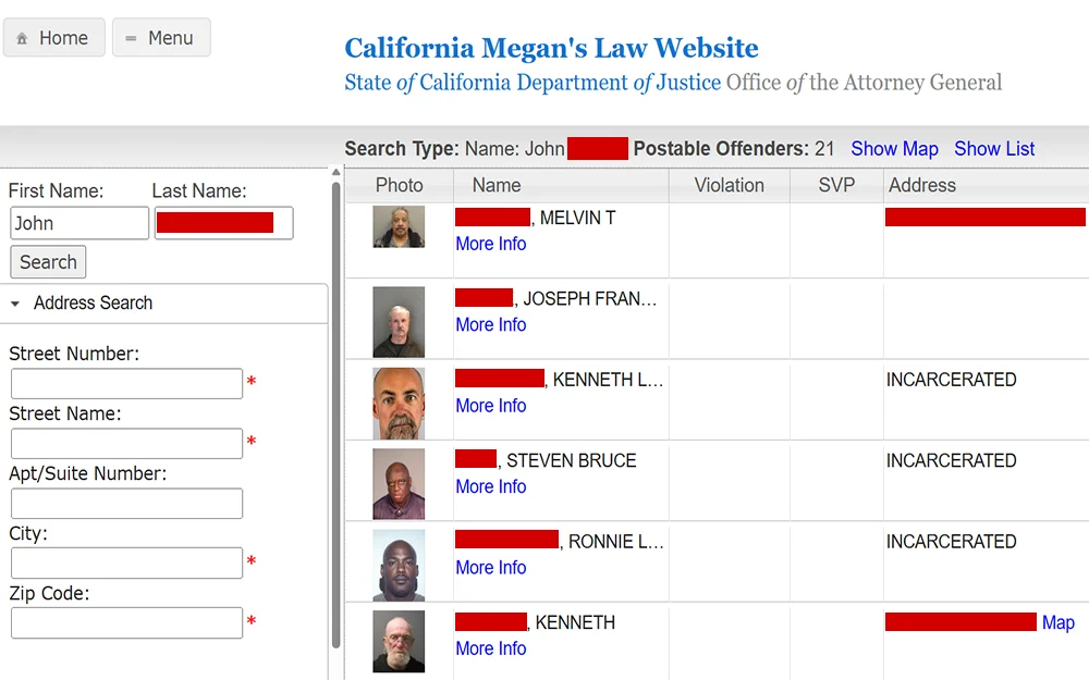 A screenshot from the California Megan's Law website showing the sex offender name search page with search results that include information such as mugshots, names, violations, SVP, and address, and on the right side is the search criteria.