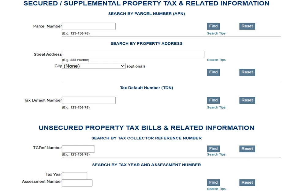 A screenshot from the County of Orange, Treasurer Tax Collector website showing the property records search page with section for secured or supplemental property tax and related information and a section for unsecured property tax bills and related information, both with empty search fields criterion.