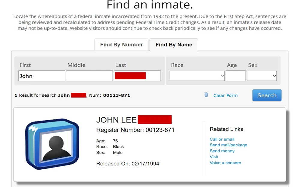 A screenshot from the Federal Bureau of Prisons website showing the inmate locator page, find by name search results with one result showing information such as name, register number, age, race, sex, and release date.