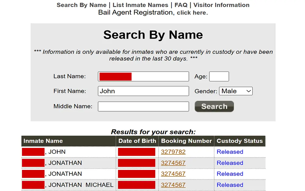 A screenshot from the website of the Orange County Sheriff's Department showing the who's in jail - search by name results page that includes information such as inmate name, date of birth, booking number and custody status.