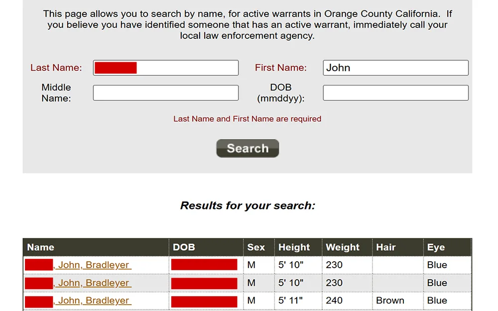 A screenshot from the Orange County Sheriff's Department website showing the arrest warrants search page with results information that includes name, date of birth, sex, height, weight, and hair and eye color.