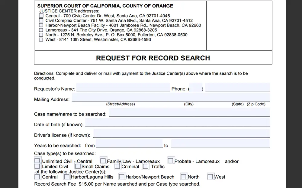 A screenshot from the Orange County Superior Court website showing the request for record search form with an empty field for requestor's information.