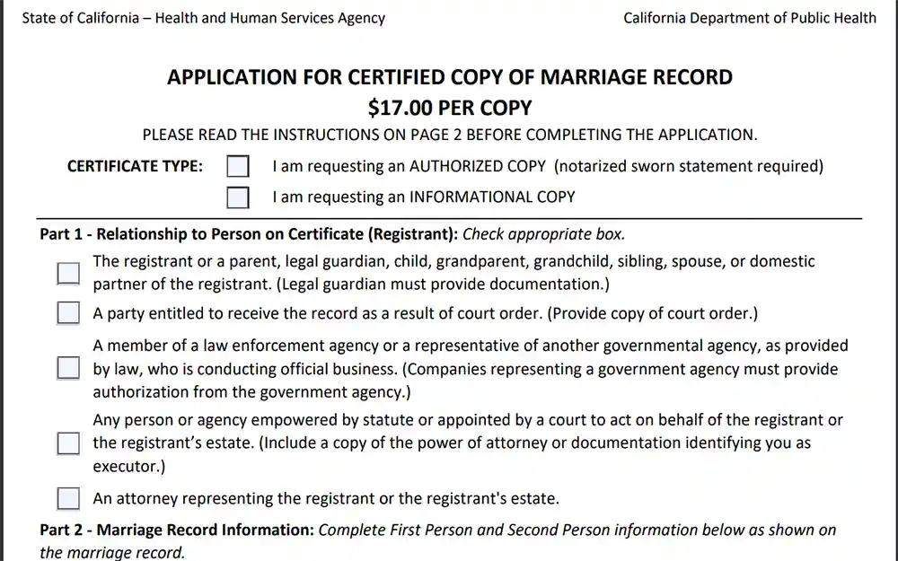 A screenshot from the official website of California Department of Public Health showing the application for certified copy of marriage record with information such as certificate type, checkboxes for relationship to person or registrant, and marriage record information.