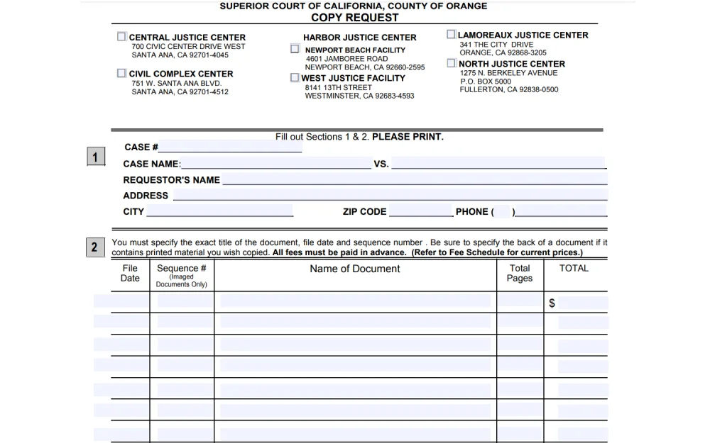 A screenshot of a document request form from the Superior Court of California, County of Orange, detailing the process for requesting copies of court documents, with sections for the case number, names involved, requestor's contact information, document titles, and associated fees, along with multiple location options for submission.