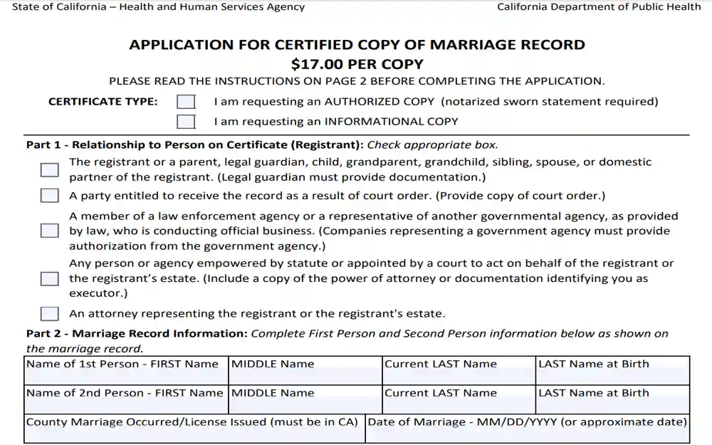 An official state application form for obtaining a certified copy of a marriage record, detailing the fees per copy, eligibility criteria based on relationship to the registrant, and a section for entering detailed marriage record information including names and marriage date.