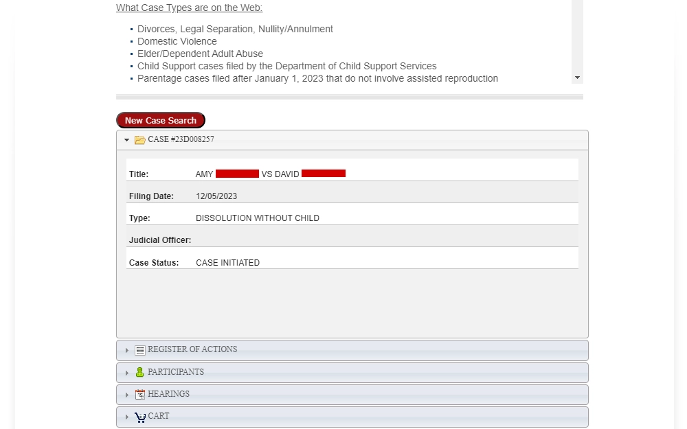 A screenshot showing a web interface for family law case access on a court's official website, featuring a case search function for proceedings that do not involve children, with options for viewing and searching case details, participants, and scheduled hearings.