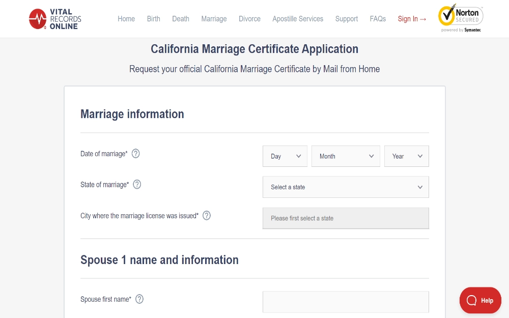 A user interface from an online service portal, providing a digital application form for requesting a marriage certificate, including fields for entering marriage details and personal information.