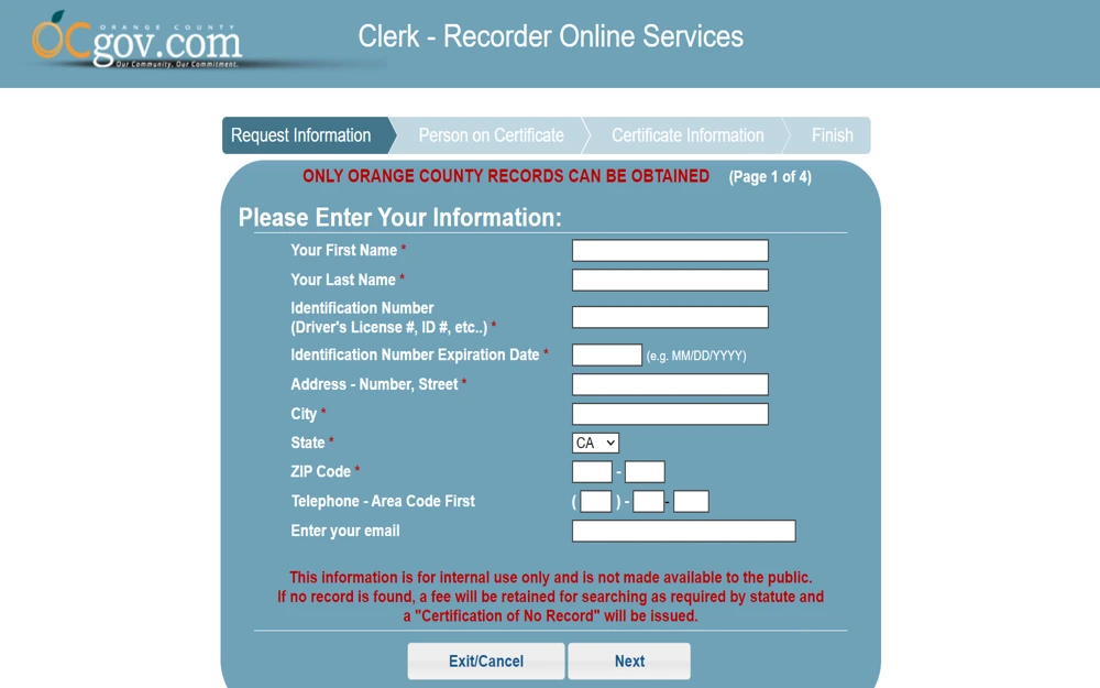 An online request form where users are prompted to enter personal information such as name, identification number, address, and contact details to obtain official records from a county's clerk-recorder services.