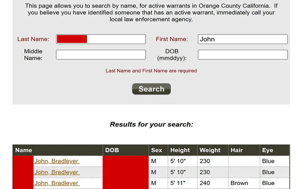 A screenshot displaying an arrest warrant search requiring the last name and first name to proceed and middle name and date of birth to narrow the search; results showing additional details such as sex, height, weight, hair and eye color from the Orange County Sheriff’s Office website.