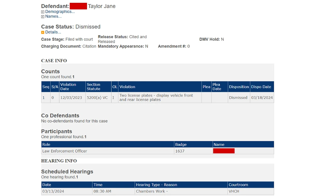 A screenshot showing a case detail from the Orange County Superior Court website displaying information such as the defendant's name, case status, stages, charging document, release status, mandatory appearance, amendment, DMV hold, violation date and more.