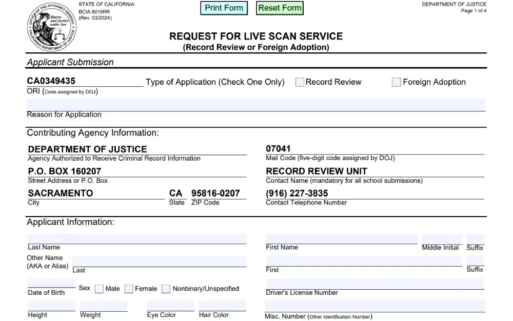 A screenshot of a form issued by the State of California requesting live scan services for a record review or foreign adoption, including fields for applicant and contributing agency information, with contact details for the Department of Justice.