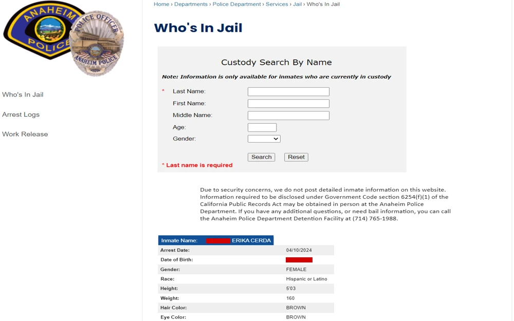 A screenshot from the Anaheim Police Department featuring a search form to inquire about individuals currently in jail, displaying a search result of a filled-out form with an inmate's name, arrest date, and other personal details.