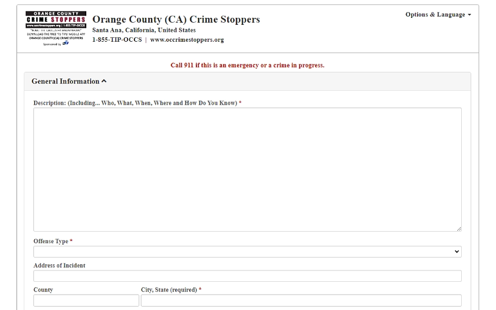 A screenshot showing a tip form with the necessary information must be filled in, such as description (including who, what, when, where and how you know), offense type, incident address, county, city and state from the Orange County Police Department website.