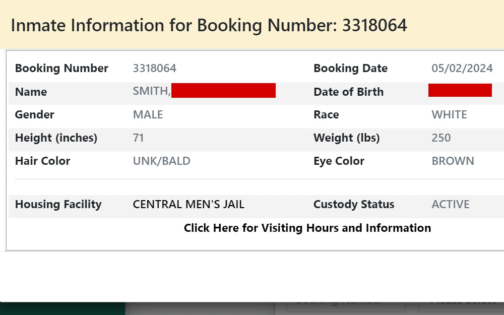 A screenshot of the inmate information for an offender in Orange County, including their full name, booking details, physical description, date of birth, custody status, and housing facility.